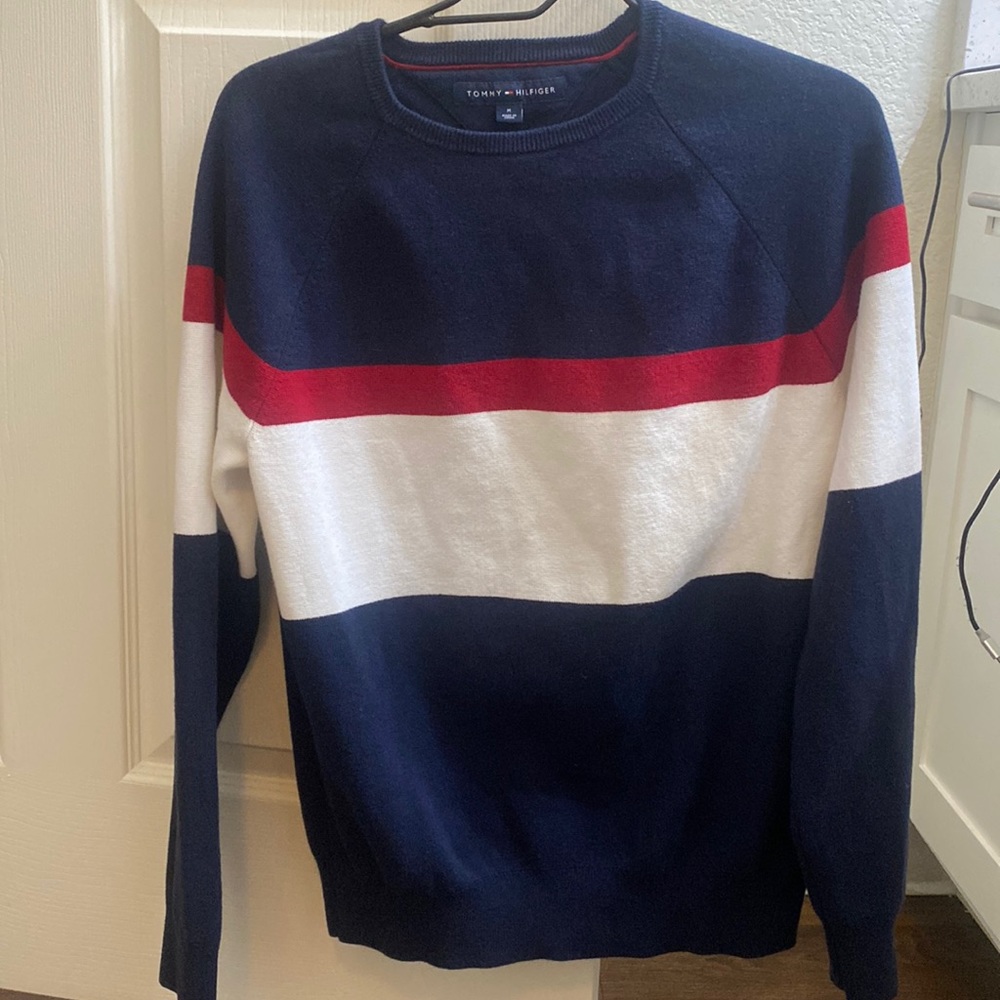 Tommy Hilfiger vintage sweater- Navy With Red and white stripes. Sz medium Mens